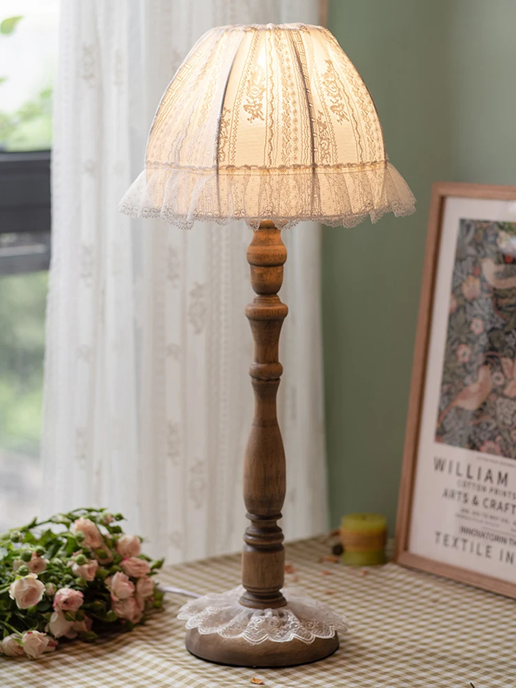 European Solid Wood Table Lamps Bedroom Bedside Lamp American Retro Fabr... - $222.89