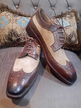 Handmade Men&#39;s Brown Beige Cowhide Leather Wingtip Lace Up Formal Derby Shoes - $125.47+