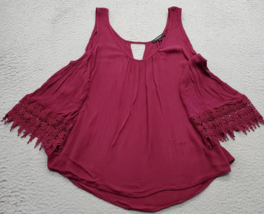 Ambiance Blouse Women Large Burgundy Cold Shoulder Sleeve Lace Cuff Keyhole Back - $18.49