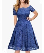 Missmay Dress Navy Blue Short Sleeve Floral Lace Strapless Attached Slip... - $26.19 CAD