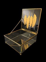 Feather Print Glass Jewelry Box Beveled Gold Tone Print Dresser LARGE Trinket  - £46.59 GBP