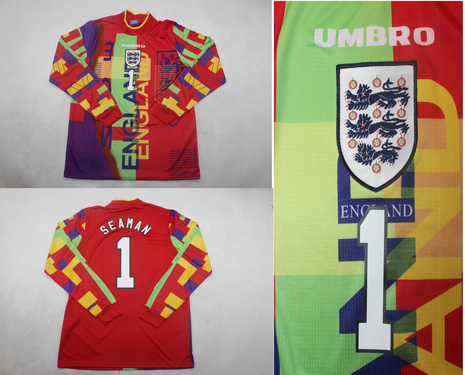 england jersey gk shirt david seaman 1996 long sleeve multicolor