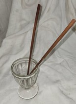 Vintage Clear Glass Etched Sundae Ice Cream Glass Cup Wood Chop Sticks O... - £10.29 GBP