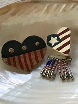 Estate Lot of 3 Red White &amp; Blue USA Patriotic Painted Wood Heart Safety Pin - $12.19