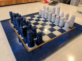 Marble Chess Board Set Lapis Lazuli Mosaic Inlay Work Chess Pieces Handm... - £696.67 GBP