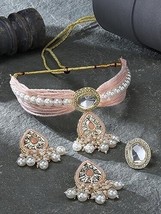Peach Multistrand Kundan Cluster Choker Necklace Earring &amp; Ring Jewelry Set - £21.84 GBP