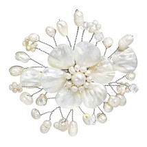 Beautiful Mix of Light Shell, Crystal &amp; White Pearl Flower Blossom Brooch Pin - £18.41 GBP