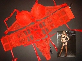 Victoria&#39;s Secret Designer Collection 34C BRA SET+GARTER belt+M thong Red LACE - £156.38 GBP