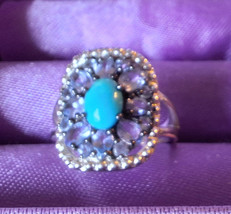 Beautiful Intricate UTC 925 Silver Faux Turquoise &amp; Lavender CZ Ring Siz... - $18.98