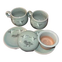 6 piece Vintage Celadon Tea Cups Crane Green Plates Infuser Steep Lid Heron - $63.83