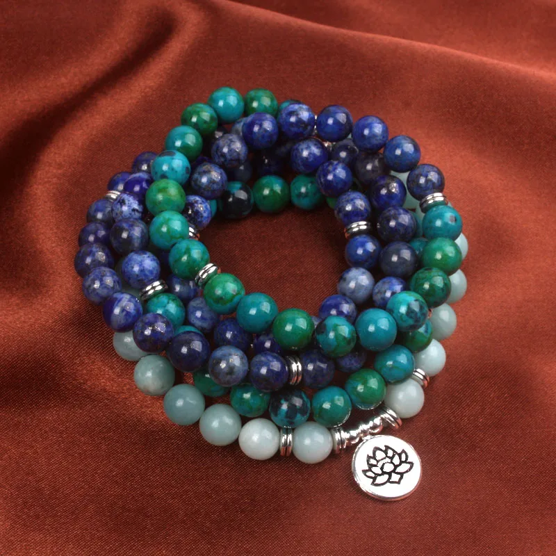 Natural Lapis Lazuli Amazonite 108 Mala Bracelet For Women Lotus Flower Bracelet - £28.17 GBP