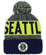 Seattle Men&#39;s Winter Knit Landmark Patch Pom Beanie (Navy/Lime) - £11.95 GBP
