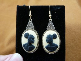 CAE2-6) Rare African American Lady Ivory + Black Cameo Dangle Earrings Jewelry - £21.63 GBP