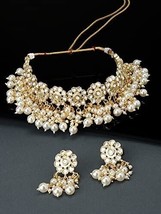 Gold Tone Kundan Embellished Flower Design Necklace Earring Set Women Jewelry - £19.47 GBP