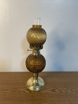 Vintage Dark Amber Hobnail Glass Bottom &amp; Chimney Golden Footed Oil Lamp 11.5” - £17.67 GBP