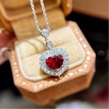 3Ct Heart Cut CZ Ruby Heart Halo Pendant 14K White Gold Plated Free Chain 18&quot; - £107.90 GBP