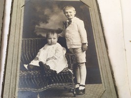 Antique Victorian Photograph  Little Girl Baby And Boy Siblings Wicker Couch - £12.06 GBP