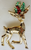 Gold Tone Reindeer Brooch Christmas Holly Berries Holiday Deer Pin - $12.86
