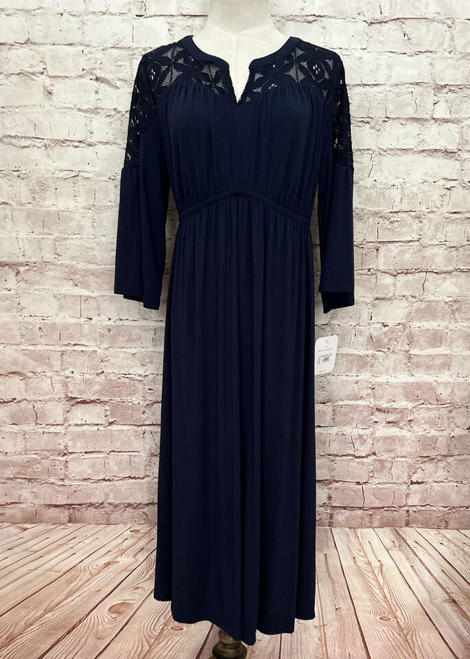 Primary image for Isabel Maternity Midi Dress Navy Blue Jersey Knit 3/4 Sleeve Lace Yoke Size M