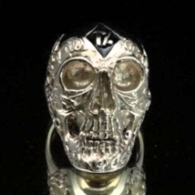 Sterling silver Biker ring 1 Percent symbol on Tattoo Outlaw Skull with Black en - £83.62 GBP