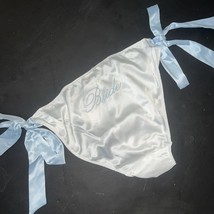 Victoria&#39;s Secret L panty SATIN BLUE WHITE side tie BRIDE EMBROIDERY I D... - $19.79