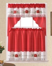POINSETTIAS CHRISTMAS RED AND WHITE EMBROIDERY KITCHEN CURTAIN 3 PCS SET - $21.78