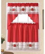 POINSETTIAS CHRISTMAS RED AND WHITE EMBROIDERY KITCHEN CURTAIN 3 PCS SET - $21.78
