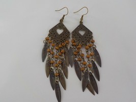 Hearts &amp; Stars Chandalier Earrings Fishook Seed Pods &amp; Stamped Metal Primitive - £11.80 GBP