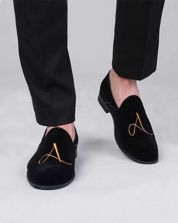 Men’s Black Velvet A Embroidery Moccasin Loafer Formal Dress Real Leather Shoes