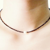 Black Beaded necklace Spinel choker Silver Necklace Dainty single Pearl birthday - £42.36 GBP