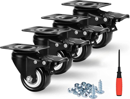 Caster Wheels Set 4-Piece 2-Inch Lockable Bearing Plate Brakes 360-Degree Swivel - £15.66 GBP