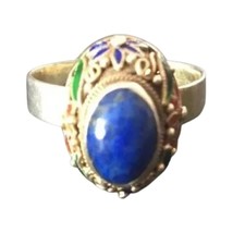 Lapis Lazuli Women&#39;s Ring Enamel Antique Art Nouveau Gold Vermeil Silver - £319.73 GBP
