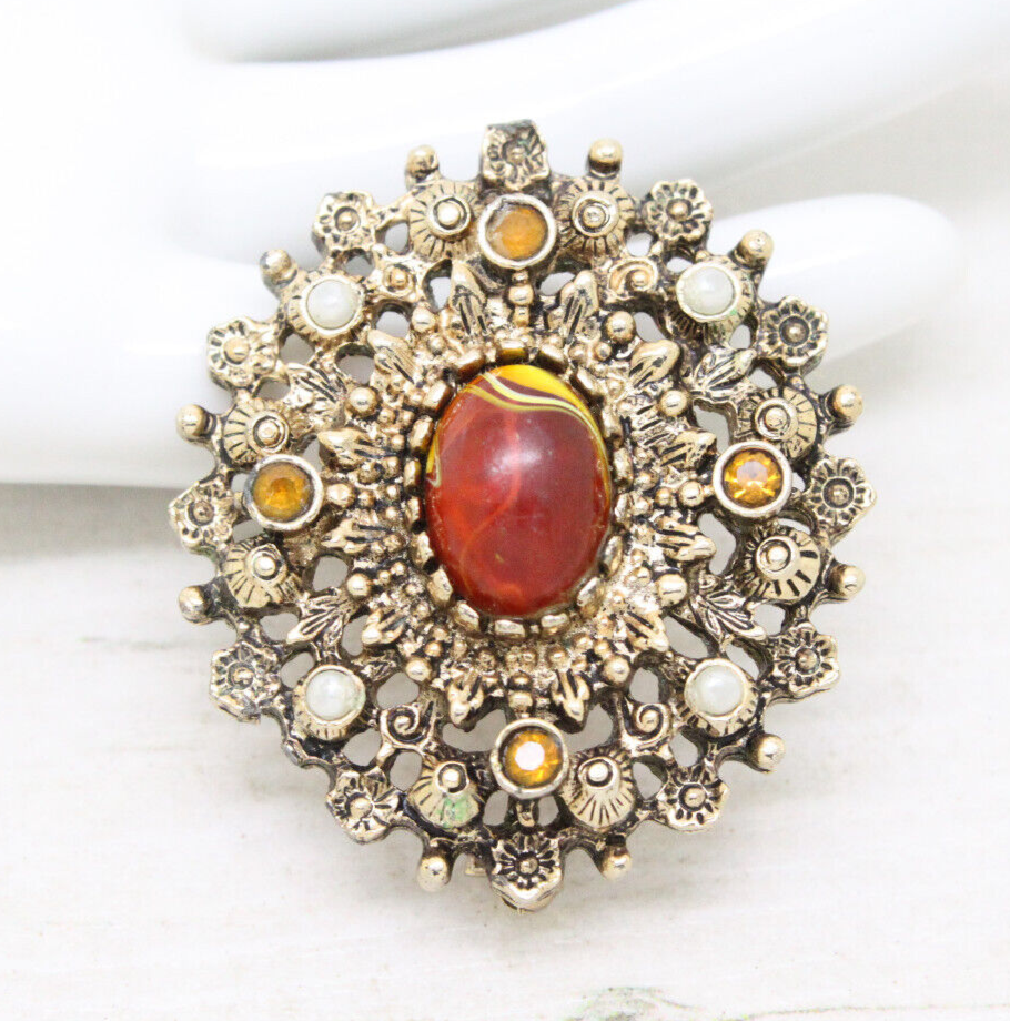Primary image for Vintage Signed Sarah Coventry Cov Honey Cabochon Crystal BROOCH Pin Jewellery
