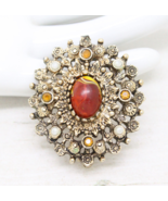 Vintage Signed Sarah Coventry Cov Honey Cabochon Crystal BROOCH Pin Jewellery - $43.11