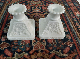 Antique Candle Holders, Westmoreland Milk Glass, Panel Grapes, Ex. Cond. - $25.83
