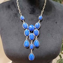 Women&#39;s Blue &amp; Gold Chain Teardrop Beaded Stylish Statement Fashion Necklace - £23.92 GBP