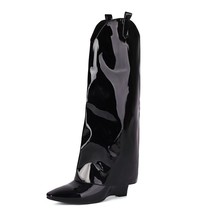Luxury Women Western Boots Pointed Toe Wedges Heel 8cm Slip On Large Size 43 44  - £53.38 GBP