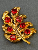 Vintage HUGE Goldtone Curly Leaf w Large Red Rhinestones Brooch Pin – 3 and 1/8t - £13.12 GBP