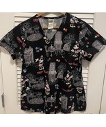Disney Minnie Mouse Mock Wrap Scrub Top Women Size S Black Short Sleeve - $19.13 CAD