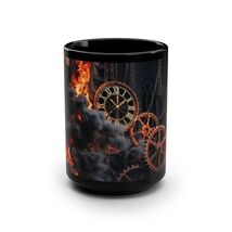 Steampunk Gear Clock Black 15oz Mug Industrial Flames Mechanic Gift - $24.28