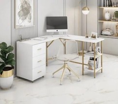 L-Shape Wooden Home Office White Engineered Steel Contemporary Computer Desk - £161.54 GBP