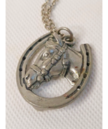Vintage Pewter Horseshoe Horse Head Equestrian Pendant Necklace - $662.90 MXN