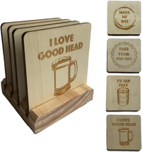 Funny Beer Themed Wooden Coasters with Holder | Set of 4 Gag Gift Coasters with - £14.04 GBP
