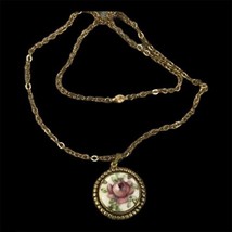 Vintage Guilloche Pink Enamel Pink Rose Flower Gold Tone  Pendant Necklace 18” - £55.81 GBP