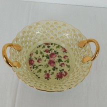 Handled Pierced Porcelain Decor Table Bowl Floral Gold Trim 8 in dia 2.75 in t - £15.43 GBP