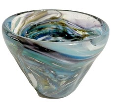 Vintage Heavy Art Glass Small Blue Green Gold Swirl Candle Holder or Planter 3&quot;  - £17.98 GBP