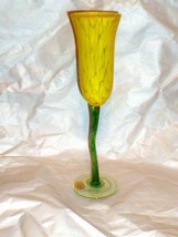 Handcrafted Nouveau Blown Glass Yellow Flower Green Stemmed Flute Glass ... - $19.79