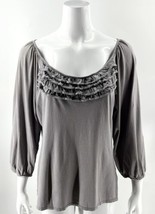 Garnet Hill Cotton Ruffle Neck Top Size M Gray 3/4 Sleeve Knit Blouse Womens - £18.98 GBP