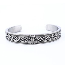Thors Hammer Viking Bracelet Silver Stainless Steel Norse Mjolnir Cuff - £23.17 GBP