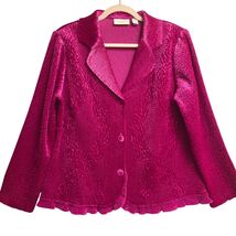 CHICO'S Large Fuschia Pink Cardigan Jacket Velvet Crinkle Ruffle Boho Fe... - $31.68